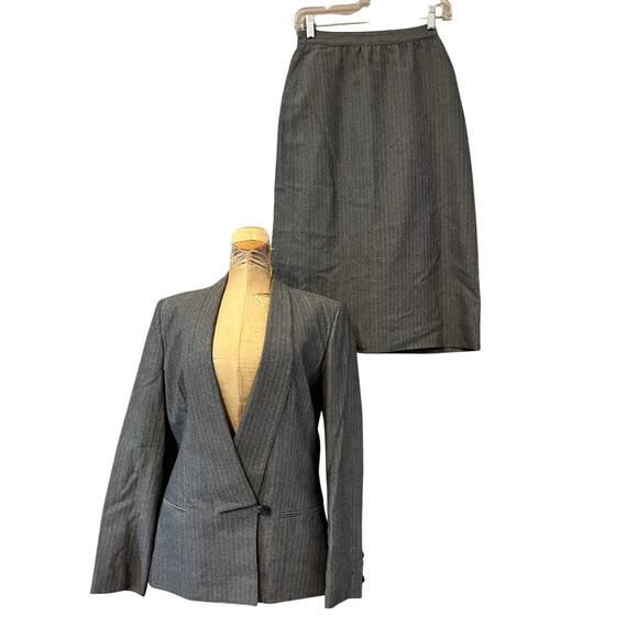 2 Pc Vintage Herringbone Stripe Wool Blazer Skirt Set Sz 2 Blue Black White - Picture 1 of 10